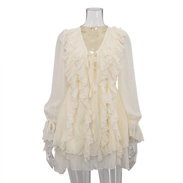 Ruffled Tied Dress Women V-neck Long Sleeve Fashion A- Line Dress