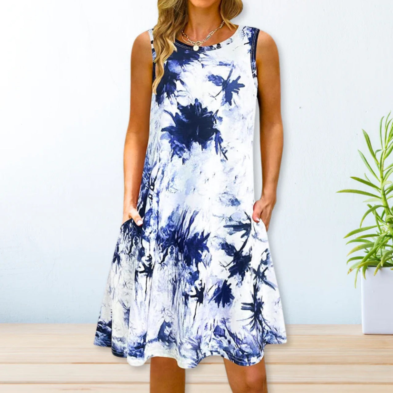 Printed Swing Loose Waist Strap Type Long Dress