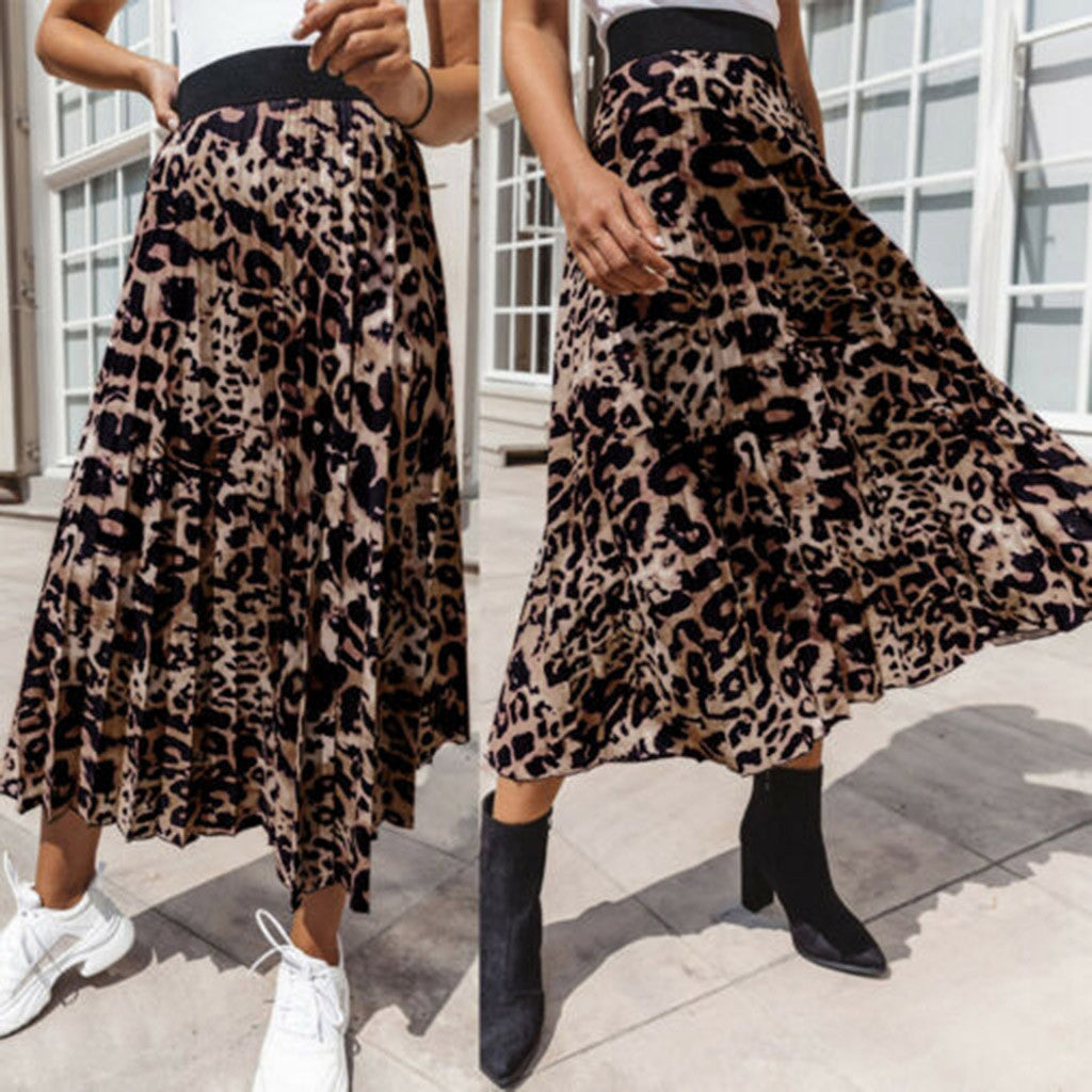 Womens Leopard Print Pleated Skirt Ladies Elasticated High