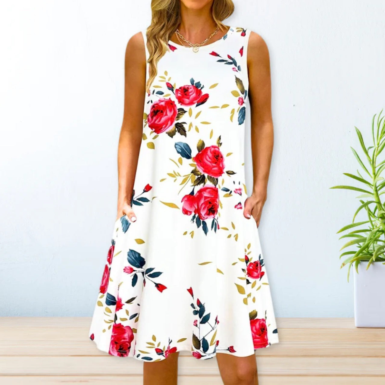 Printed Swing Loose Waist Strap Type Long Dress