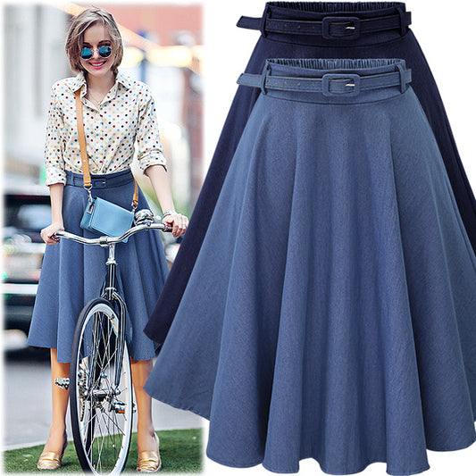 High waist mid-length denim skirt