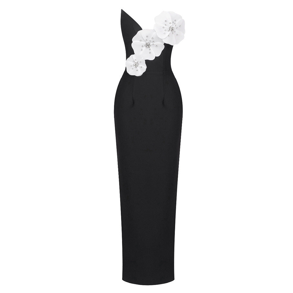 Black Backless Bandage Chest White Exquisite Flower Decorative Dress For Women Dress