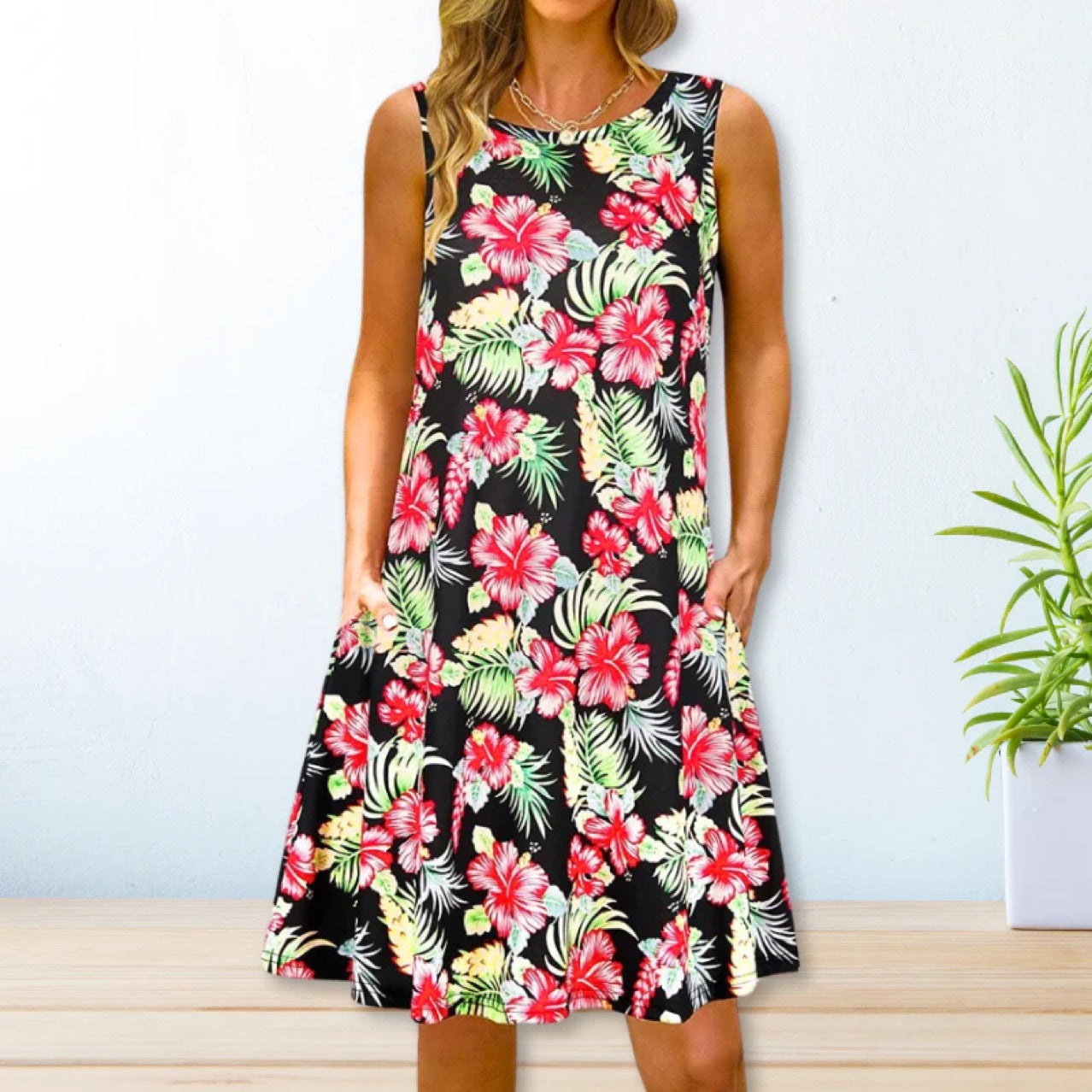 Printed Swing Loose Waist Strap Type Long Dress