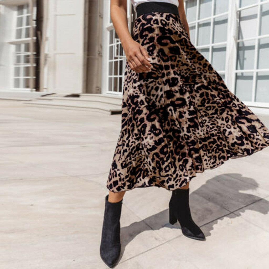 Womens Leopard Print Pleated Skirt Ladies Elasticated High