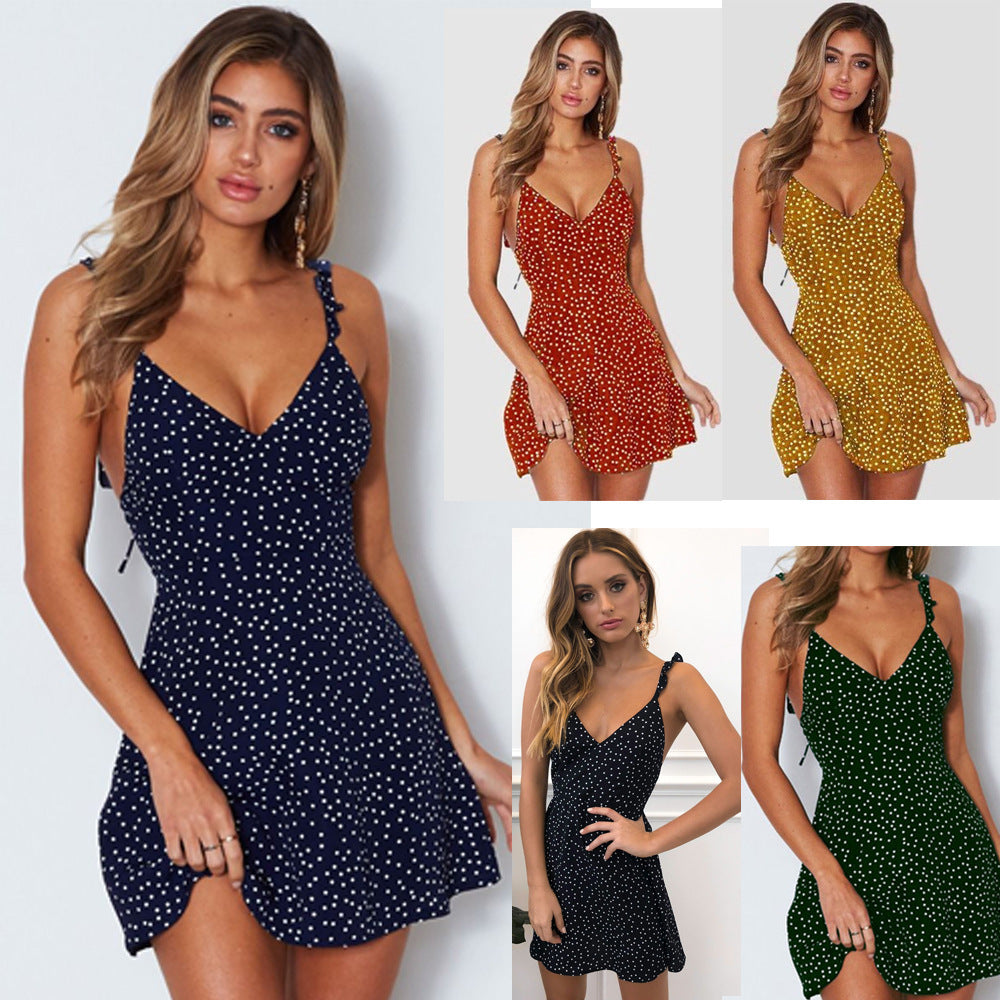 Polka-dot Strappy Dress Women Summer Fashion Beach Sundress