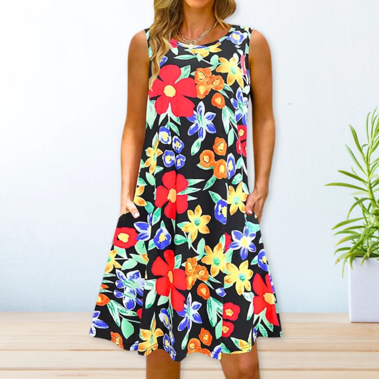 Printed Swing Loose Waist Strap Type Long Dress