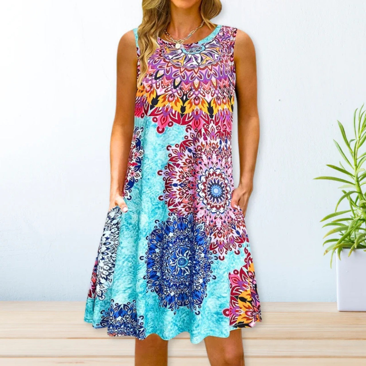 Printed Swing Loose Waist Strap Type Long Dress