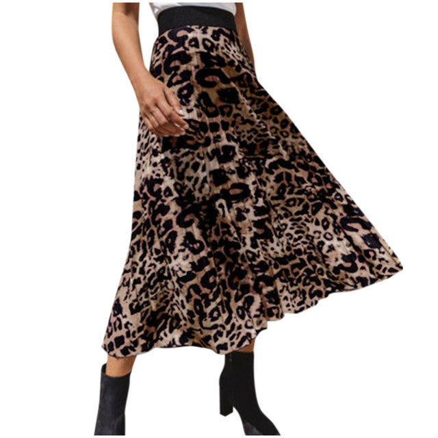 Womens Leopard Print Pleated Skirt Ladies Elasticated High