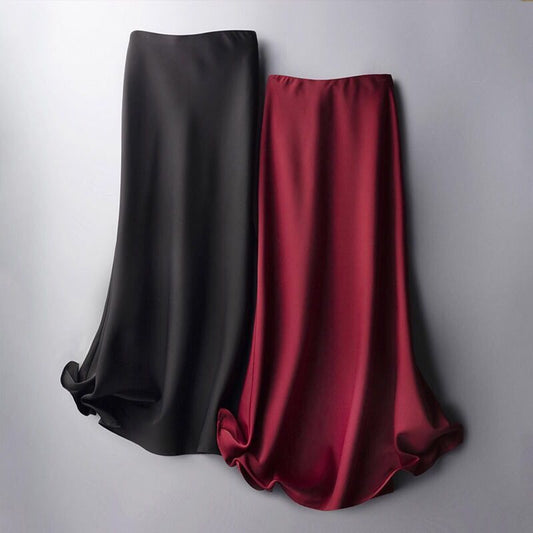 High waist solid color satin skirt