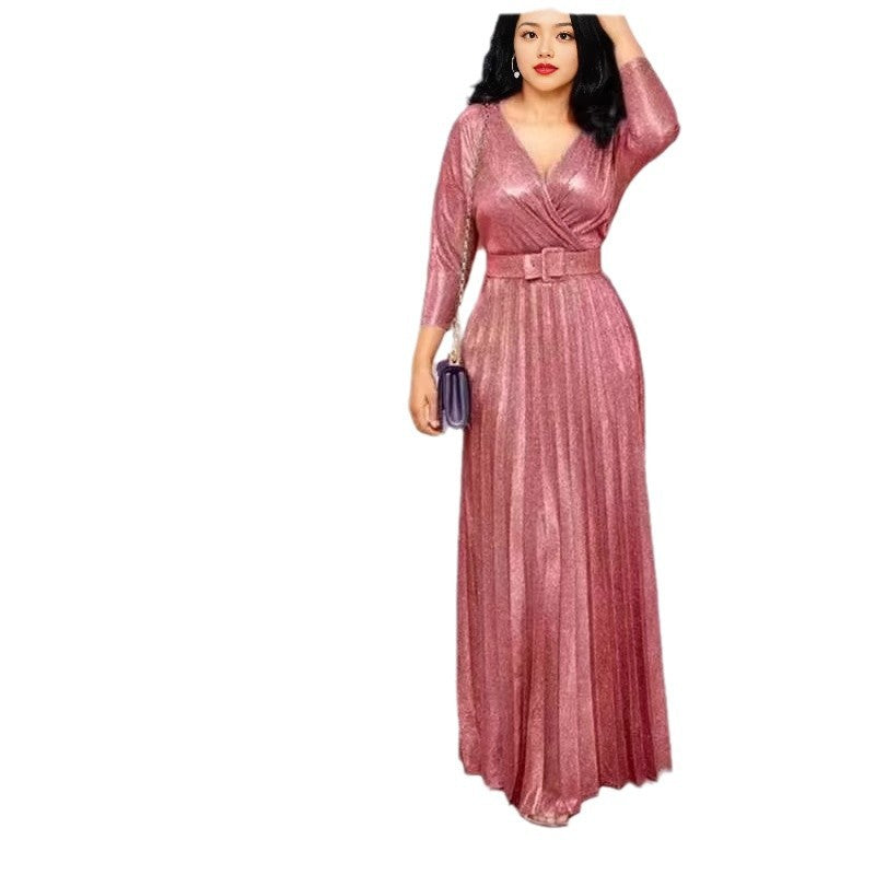 Women's Clothing Fashion Long Sleeve Bronzing Pleated Puffy Dress With Belt