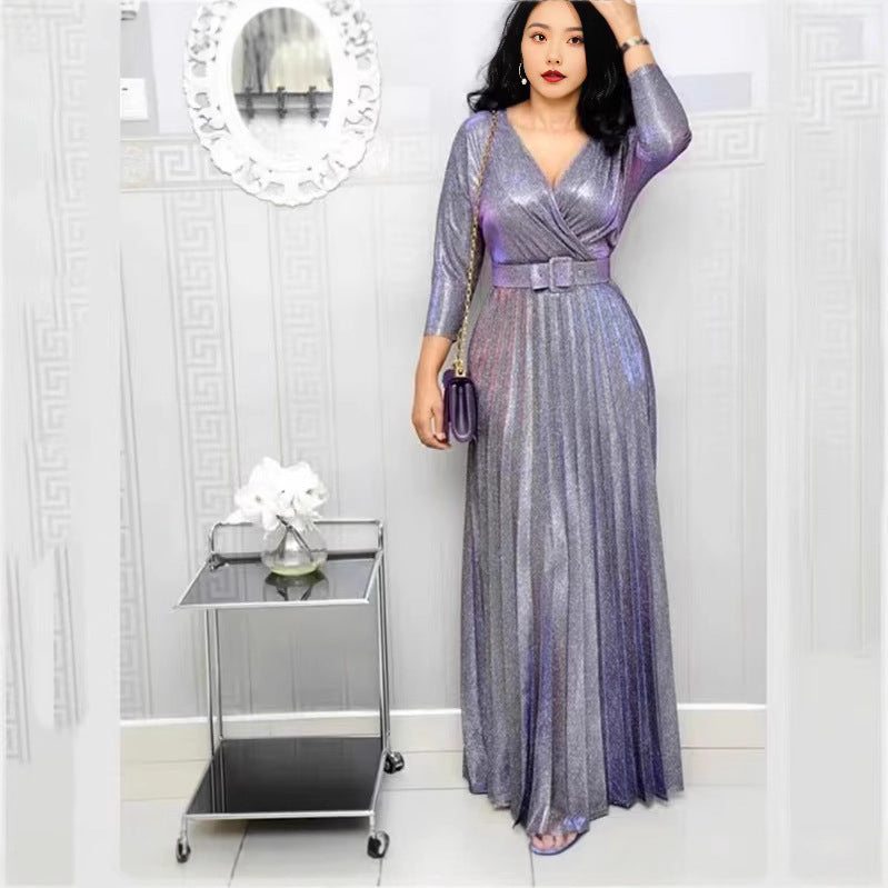 Women's Clothing Fashion Long Sleeve Bronzing Pleated Puffy Dress With Belt