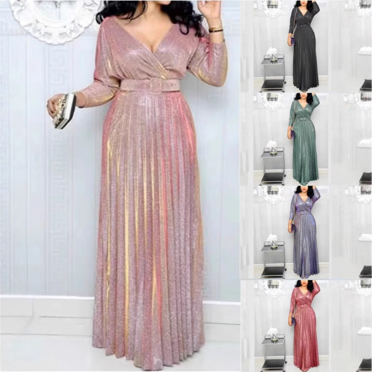 Women's Clothing Fashion Long Sleeve Bronzing Pleated Puffy Dress With Belt