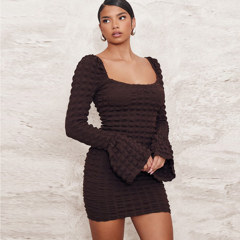 Seersucker Hollow Chest Wrap Flared Long Sleeve Dress