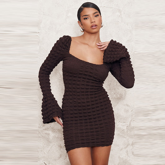 Seersucker Hollow Chest Wrap Flared Long Sleeve Dress